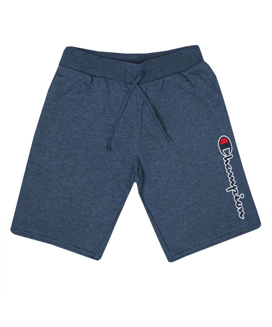 Junior Boys Champion Script Logo Short in navy marl.- Elasticated drawcord waistband.- 2 front pockets.- Script logo in tatami embroidery on thigh.- C logo embroidery on back.- Regular fit.- Body Fabric: 79% Cotton  21% Polyester. Inserts: 100% Cotton.- Ref:305953BV502J