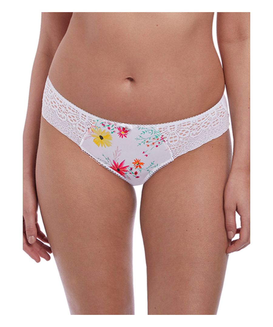 Freya Florri Brief.  Give your lingerie collection a freshen up with the Florri range.  This brief gives you excellent comfort and good overall coverage.  The front and back panels are covered with a beautiful fresh floral pattern with a mix of peach, pinks, yellows and greens and is finished in the centre with a cute bow and a silver disc at the front and ruching at the back.  The crochet lace side panels make this brief a cute, flirty piece for your lingerie collection.