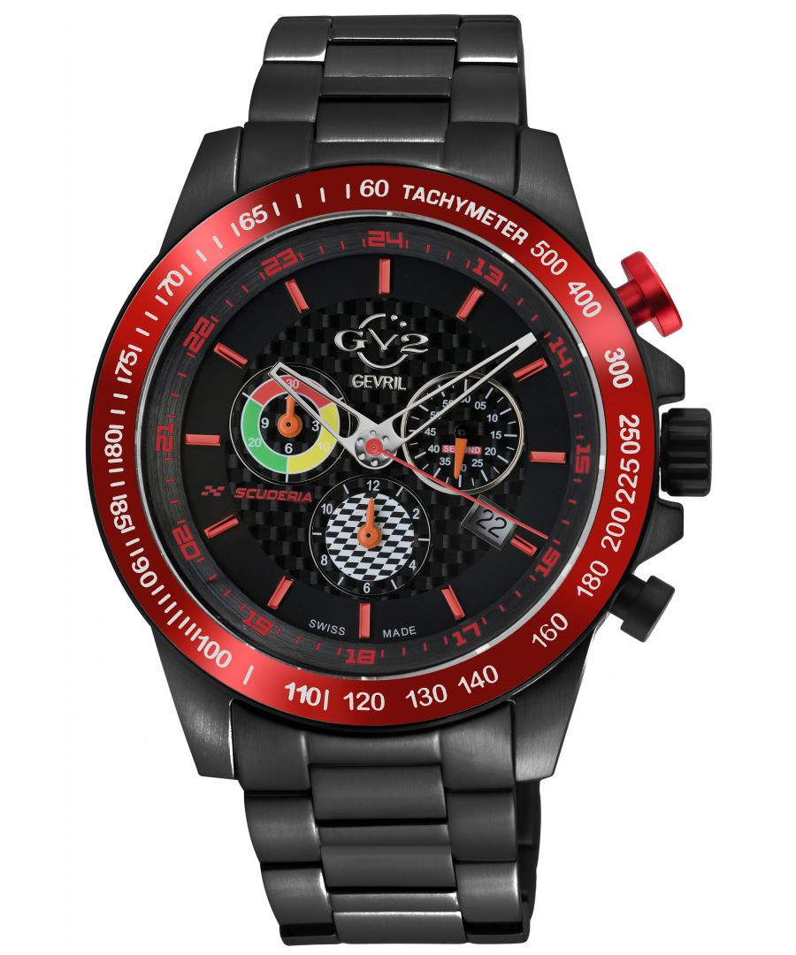 GV2’s sporting chronograph, Scuderia, is the perfect match for the high-octane performer. Inspired by Italian racing, Scuderia isn’t only fast-paced – its sleek, daring design catches your eye at any speed. A competition-ready crown replete with final lap flag pattern is just the start. The lower sub dial in finish line form seamlessly compliments the markers and tachymeter on the bezel – ideal for computing speeds down to split seconds. Echoing the sub dial, is an engraved trophy on the back casing that makes Scuderia a winning look. Not only racy, Scuderia is equipped with GV2’s standard performance features: a 45mm round case in anti-reflective sapphire crystal, water resistant up to 100 meters, 316L Stainless Steel Bracelet and Swiss quartz multifunction movement that make this timepiece nearly indestructible. Feeling bold? Make moves with the Scuderia Collection.\nGV2 9925B Men's Scuderia Quartz Multifunction Chrono Watch\nGV2 Men's Swiss Quartz Watch from the Scuderia Collection\n45mm Round 316L Stainless Steel Case, Multifunction Chronograph-Tachymeter scale, an alarm, an additional time zone\nBlack Carbon Fiber Dial, Red Markers\nSecond Sub Dial, Date Window at 4 O'clock\n316L Black Stainless Steel Bracelet with Deployment clasp\nAnti-reflective Sapphire Crystal\nWater Resistant to 100 Meters/10ATM\nSwiss Quartz Multifunction Chrono, Ronda 5130D with Alarm