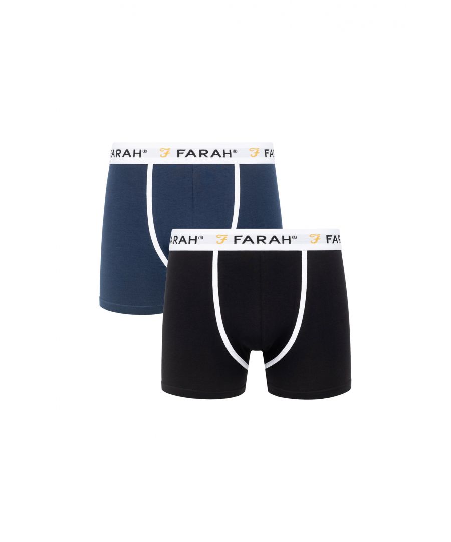 This 2-pack of 'Lundy' boxers from Farah are an everyday essential. Made from Cotton Blend fabric for breathable and comfortable all-day wear. The boxers feature the Farah logo on the elasticated waistband and contrast piping. Available in other colours.