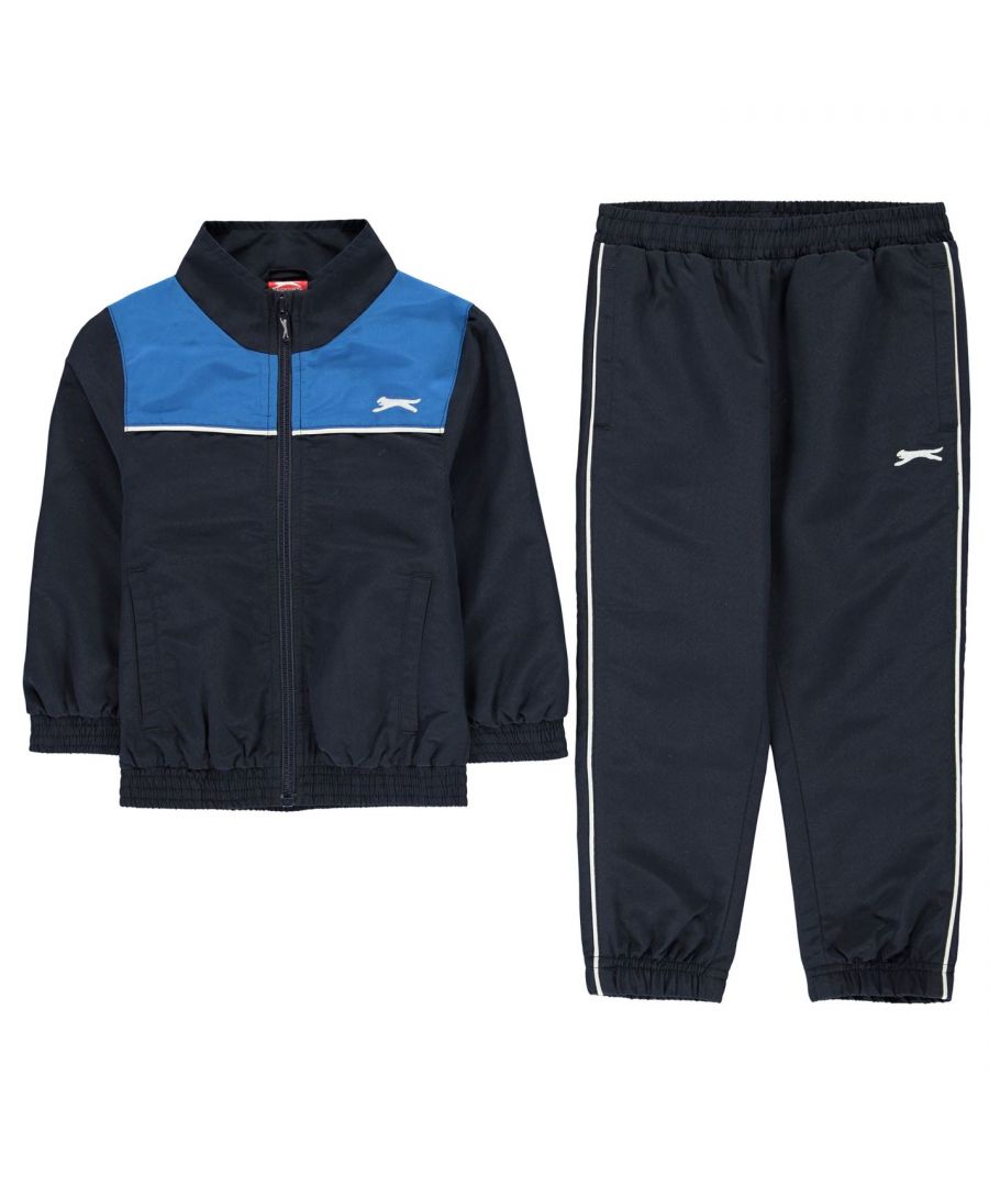 <h2>Slazenger Woven Tracksuit Infant</h2>\nThe Infant Slazenger Woven Tracksuit offers a comfortable fit thanks to its lightweight construction and internal mesh panelling working to keep you cool. Combined with its zip fastening and cuffed hem on the trousers, this tracksuit is ideal as sportswear or casual wear. \n\n> Kids Tracksuit Top \n> Light Weight \n> Zip Fastening \n> 2 Pockets \n> Slazenger Branding \n> Machine Washable \n> 100% Polyester \n\n> Kids Tracksuit Bottoms \n> Elasticated Waistband \n> Open Hem \n> Internal Drawsting \n> Slazenger Branding \n> Machine Washable \n> 100% Polyester