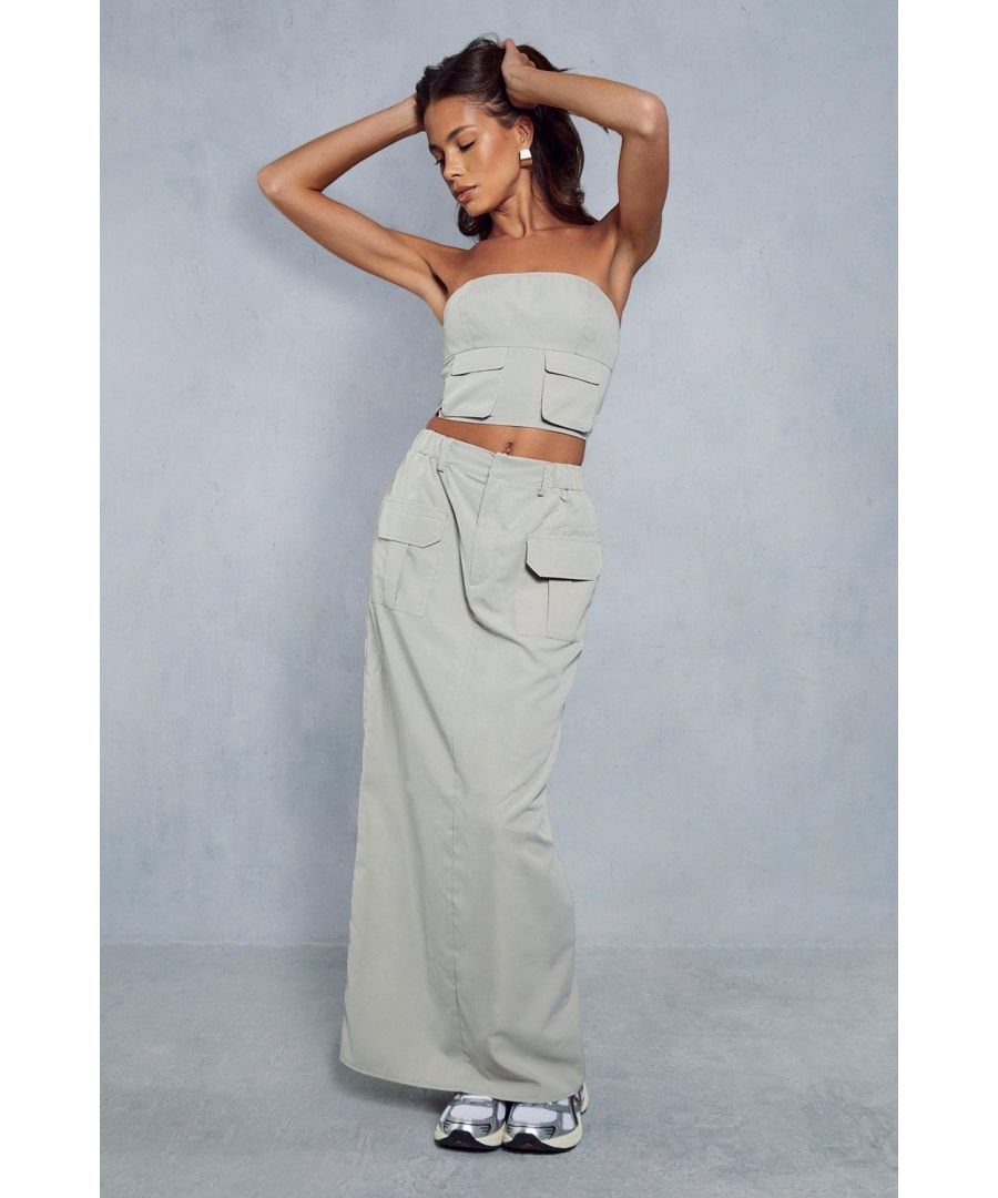 Misspap Womens Utility Pocket Woven Bandeau Top & Maxi Skirt Co-Ord - Light Grey - Size 6 Uk