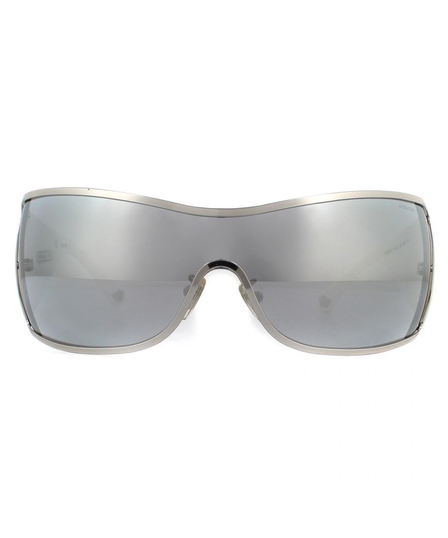 Police Sunglasses S8103V Origins 9 579X Shiny Palladium Smoke Silver Mirror  are a shield style with one large lens and a metal frame front. The adjustible nose pads allow for a personlised fit and the thick plastic temples showcasing the Police logo for brand authenticity