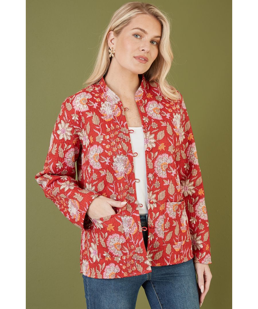 Yumi Womens Red Floral Print Reversible Cotton Quilted Jacket - Size 8 UK