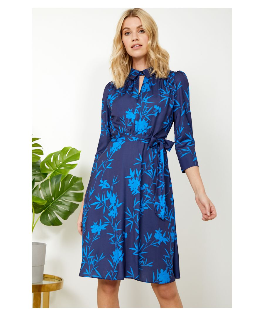 Image for Navy Blue Forest Sprig Collared Fit & Flare Dress