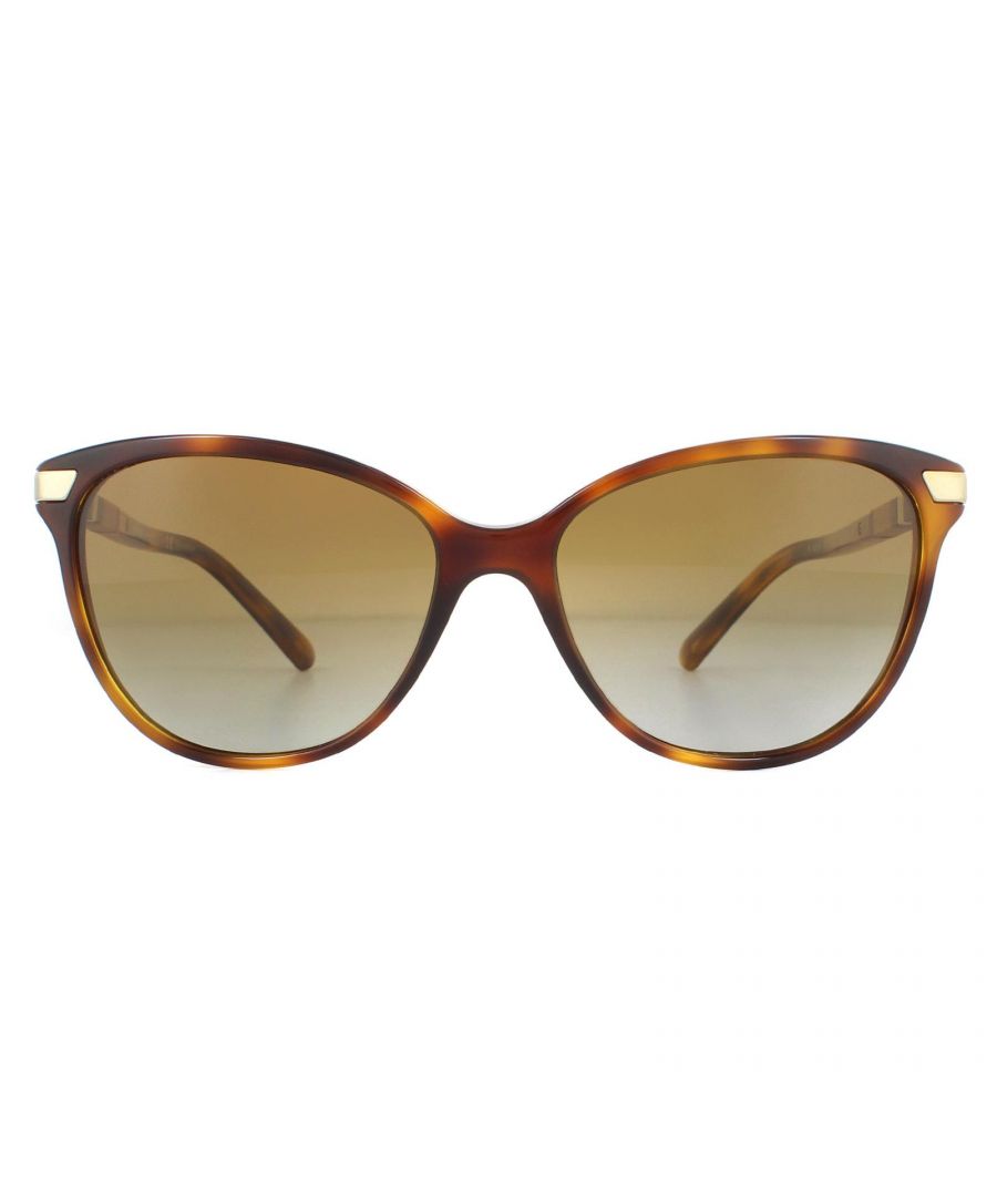 Burberry Sunglasses BE4216 3316T5 Light Havana Brown Gradient Polarized are a classy and easy to wear cat eye style for women. Made from slimline acetate with contrasting metal detailing at the hinges, they have a truly luxurious feel. The iconic Burberry check can be found along the temples to authenticate and provide instant brand recognition.