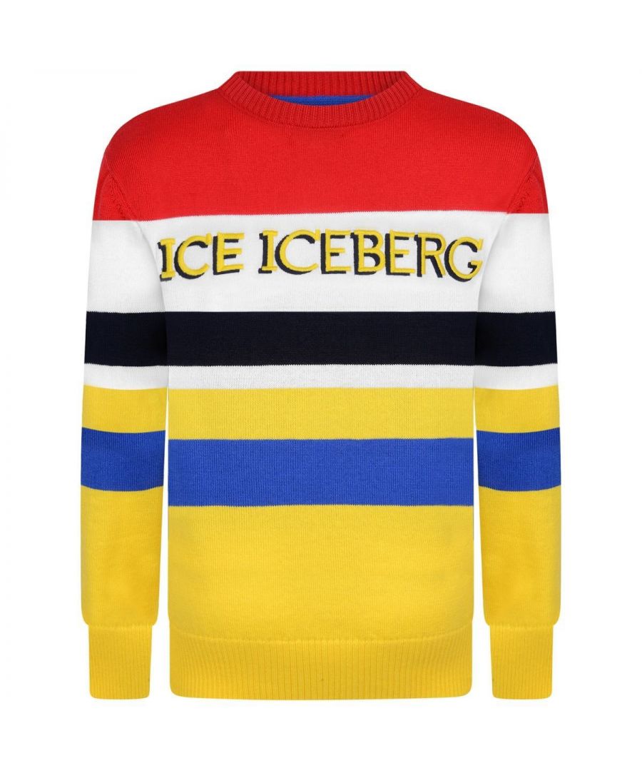 Boys multi-coloured striped sweater from ICE Iceberg. Featuring a rib-knit collar, cuff and hem, an embroidered logo across the chest and red, white navy, yellow and blue horizontal stripes.