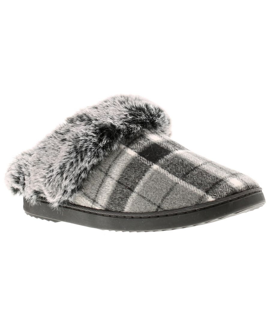 Image for Ladies Plush Check Slipper With Two Tone Faux Fur Trim, Memory Foam Sock And Lining Tpr Textile Cove