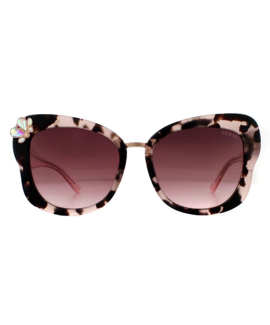 Guess Sunglasses GU7754 74U Pink Havana Bordeaux Mirror are a stunning design for women with butterfly shaped lenses with sparkling embellishments on one corner and Guess logos on the thick rounded temples.
