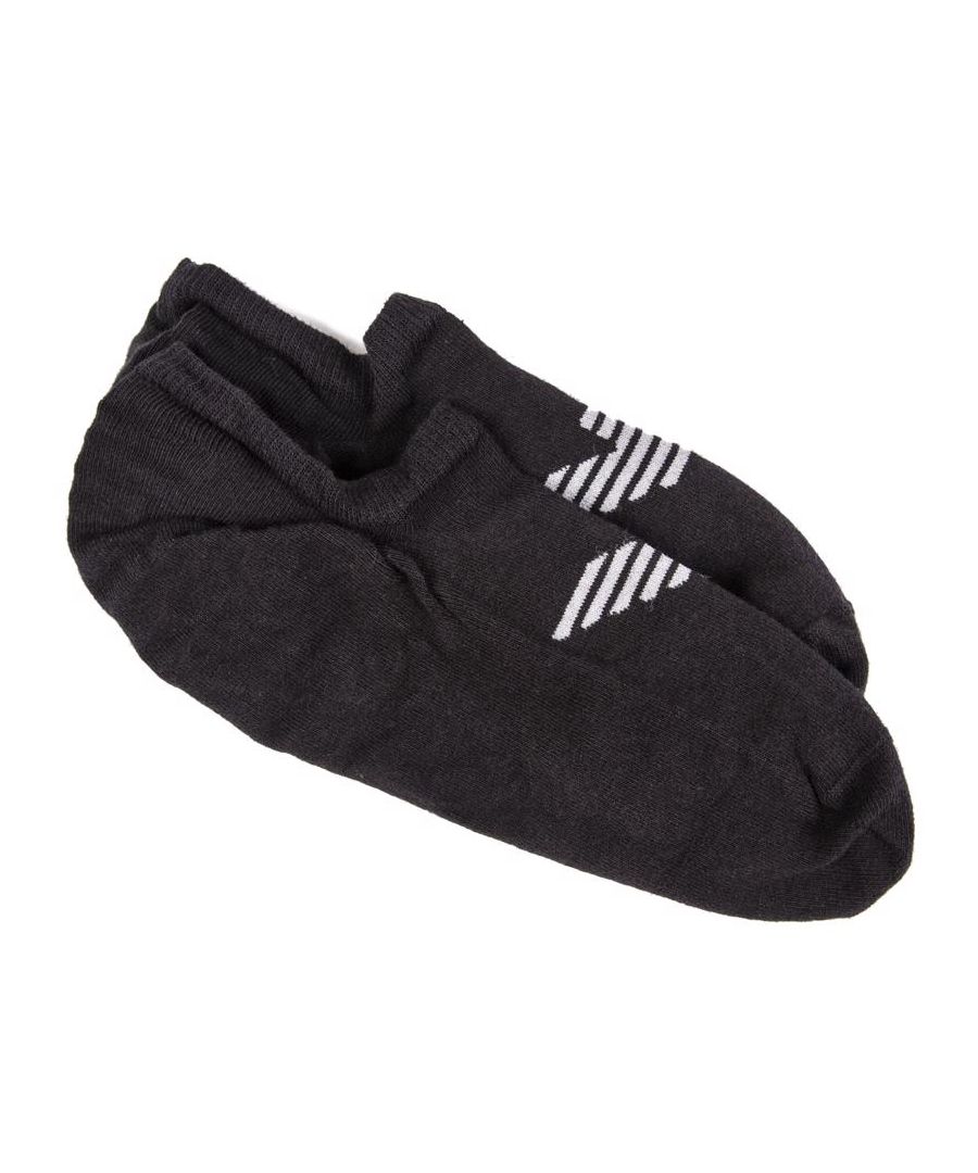 Mens black Emporio Armani invisible socks, manufactured with cotton. Featuring: eagle branding, internal silicon heel grips and fits uk 5-12.