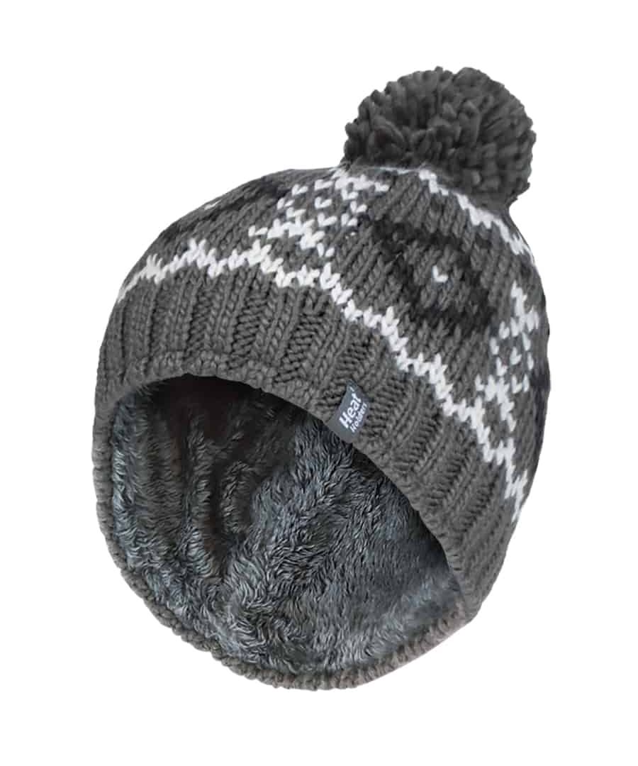Heat Holders Thermal Hat with Pom Pom  These mens Heat Holders bobble hats have a plush fleece insulating lining, called Heatweaver, that is even more effective at holding warm air in that regular lining. This silky, soft lining doesn't just feel luxurious, it also assures you of warm ears in the harsh winter.  This all is made with the Heat Holders Yarn which is expertly made in order to keep you nice and warm, with its superior moisture wicking abilities and keep all the cold out. All these features guarantee that you are toasty warm throughout the cold weather.  The new pom pom hat has a soft felt pom pom on the top. It is decorated with fair isle and wintery patterns to give your hat that extra style and character this winter. Available in 4 different colours and in one size fits all.  Extra Product Details  - Thermal Hat - Pom Pom - One Size. - 4 colours. - Fairisle Pattern - Heatweaver lining. - Heat Holders yarn. - Toasty warm ears. - Soft and comfortable fit