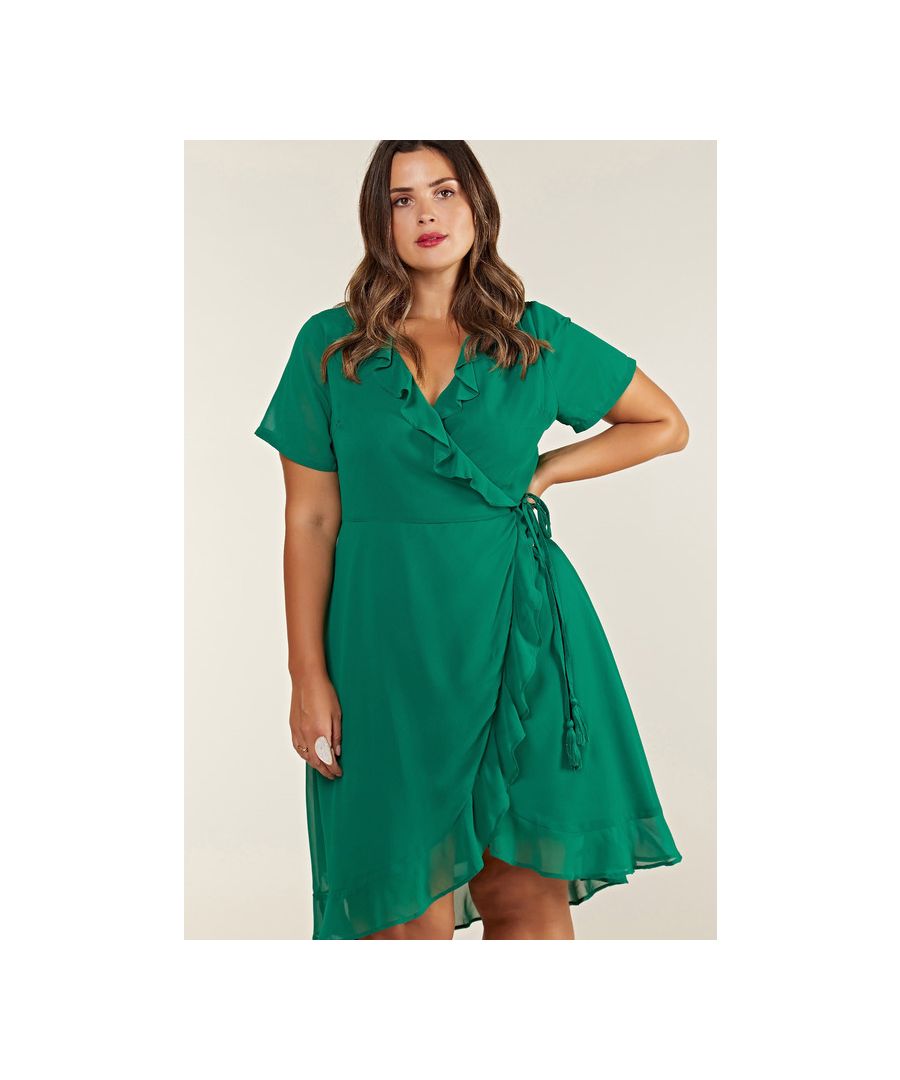 Image for Green Plus Size Frill Wrap Dress With Tassel Detail