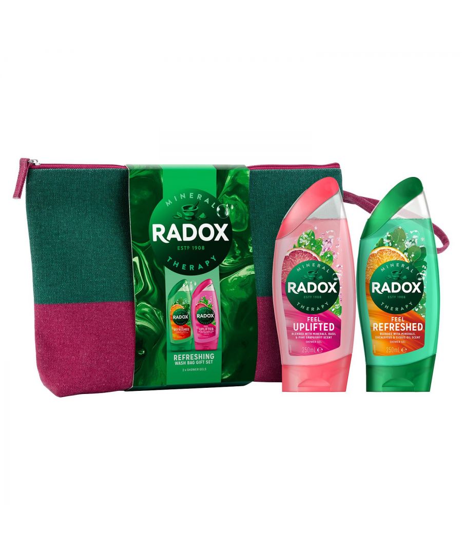 Radox Refreshing Wash Bag Gift Set Is it even Christmas if you haven't got your hands on a Radox Refreshing Gift Set It's a tradition. One that means we can start the day fresh and keep feeling fresh all day long. One that means you're not struggling to find last-minute Christmas gifts year after year. And you can't go wrong with Radox Refreshing WashBag Gift Set, made up of Feel Uplifted Shower Gel 250ml and Feel Refreshed Shower Gel 250 ml. There'll be no need to fake happiness when unwraps this gift set. Trust us. That's why we've created the ultimate gift set packaged in a classy but modern wash bag to make fresh-feeling self anywhere. Radox Feel Uplifted Shower Gel contains the heavenly scent of basil mixed with the citrusy tang of grapefruit to make you feel delightfully uplifted. Leaves your skin feeling refreshed and cleansed. A refreshing shower gel and cleanser. Radox Feel Refreshed Shower Gel transforms your mood and provides you with an invigorating shower experience when you need that energy boost to help you feel better. It contains natural ingredients chosen to help revitalize and invigorate your body and mind. \n\nFeatures: \nFull of natural herbs to provide the sensual stimulation you want, whether its relaxation, stimulation, muscle pain relief, Radox has the formulation for you. Combinations are specially designed to unleash a mood, whether you want to be ready or refreshed, uplifted or soothed. \nRadox Shower Gels are pH neutral and dermatologically tested. \nSuitable for all skin types. \n\nSafety Warnings: Avoid contact with eyes. In case of contact, rinse thoroughly with water. The product contains menthol. If you experience discomfort, please stop use. \n\nGift Set Includes: 1x Feel Uplifted Shower Gel 250ml 1x Feel Refreshed Shower Gel 250 ml 1x Waterproof Lining WashBag