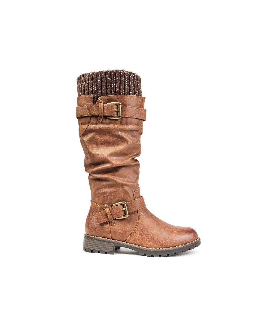 Women's Tan Lotus Juniper Zip-up Boots With Textured Synthetic Upper Featuring Double Outside Buckle Straps And Fleece Knit Ankle Collar. These Ladies' Knee-high Boots Have A Warm Fleece Lining, Inside Zip, And Synthetic Sole With Cleated Tread.