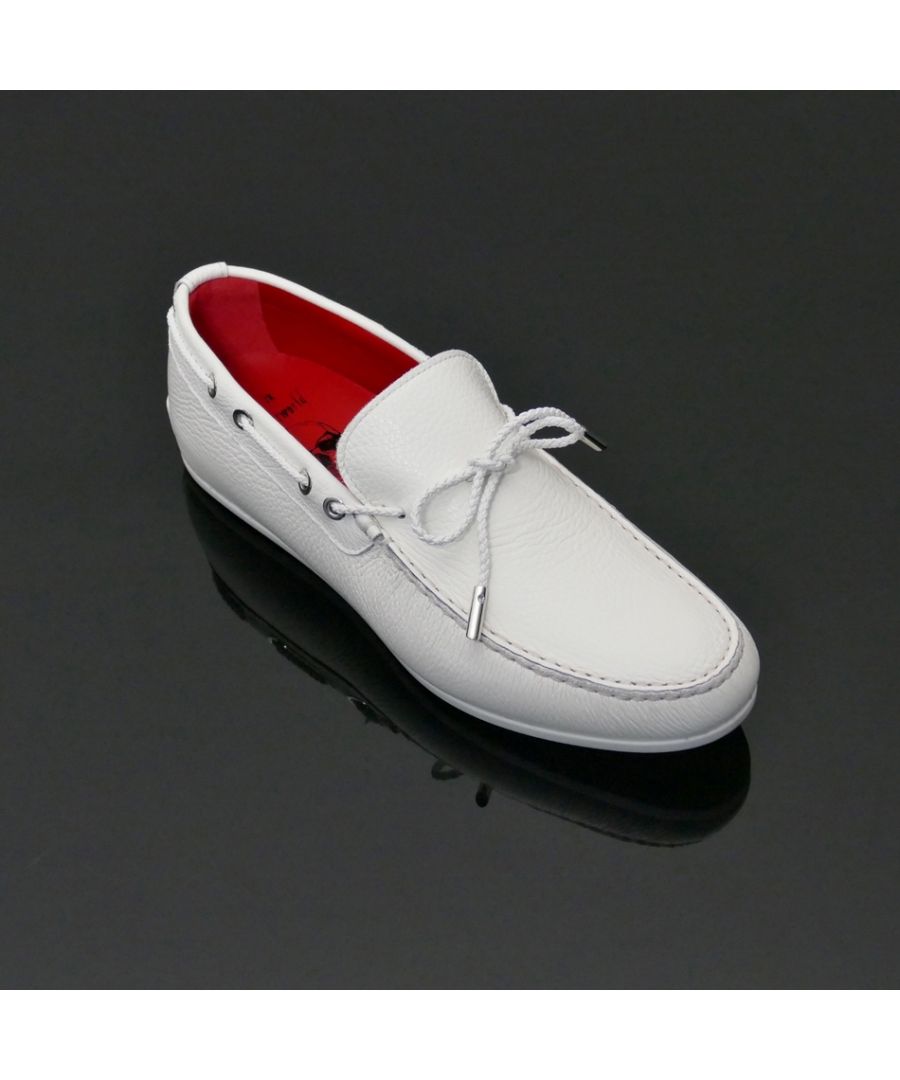 The 'Wag' Tie front boat shoe style loafer made in White Grain tumbled calf. Features our Distinctive Rubber Soul outsole