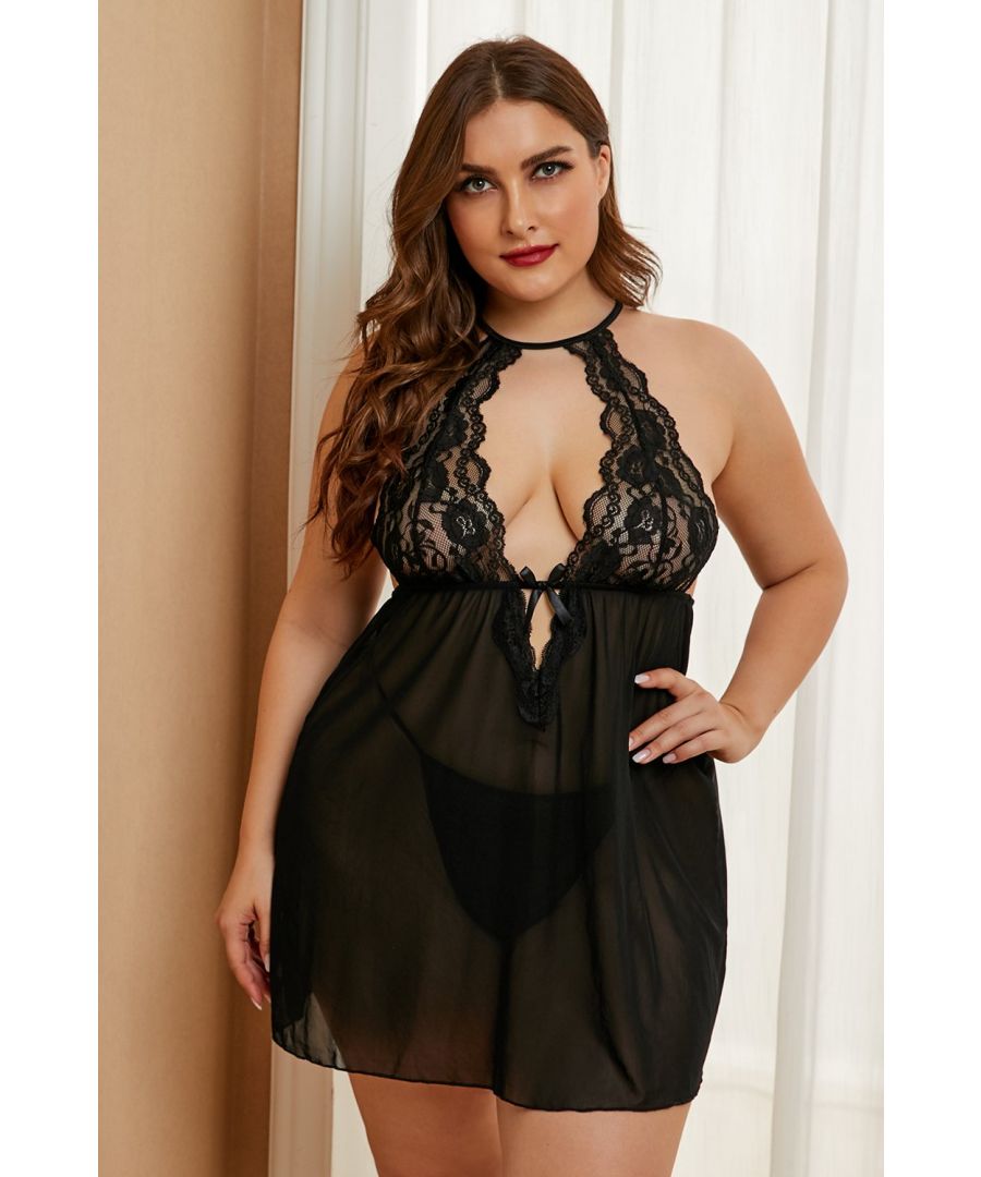 Featuring a sexy front and back cut out. Lace bust and hollow-out back. Ties at the back neck for a flexible adjust. Comes with a matching G-string included. Womens plus size lingerie in lace, satin and chiffon etc..