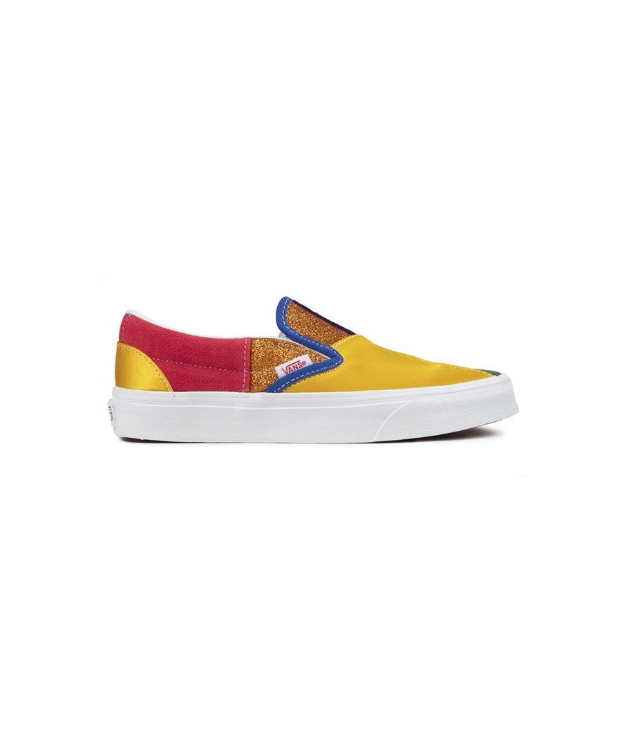 Womens multi Vans slip-on pride trainers, manufactured with canvas and a rubber sole. Featuring: vans x pride, canvas lining and sock, vulcanized outsole and off the wall together.