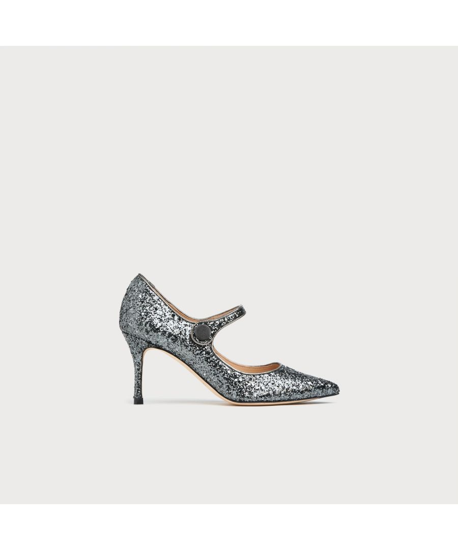 Detailed with a slim, Mary-Jane strap across the band of the foot, the Monica court shoe is a statement piece. Made from anthracite-hued chunky glitter, wear with tailored separates for a comfortable yet sophisticated look.