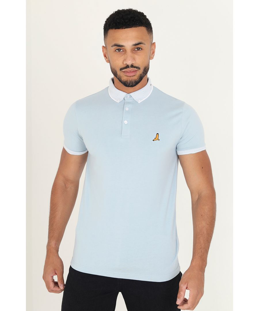 Brave Soul Mens Pale Blue 'Glover' Short Sleeve Jacquard Collar Jersey Polo Shirt - Sky Blue Cotton - Size Small