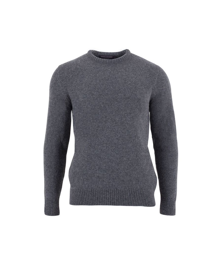 paul james knitwear mens 100% british lambswool crew neck jumper in cliff - dark grey - size large