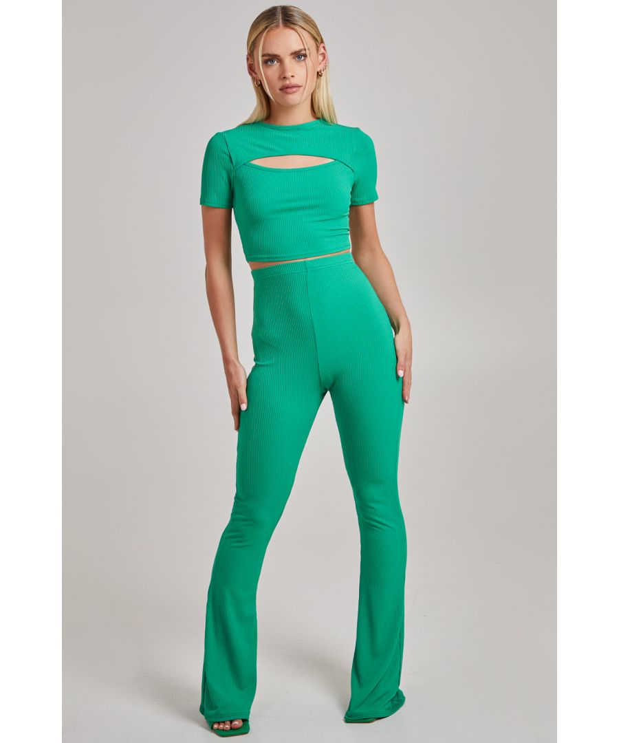 Pink Vanilla Womens Ribbed Flare Trousers - Green - Size 12 UK