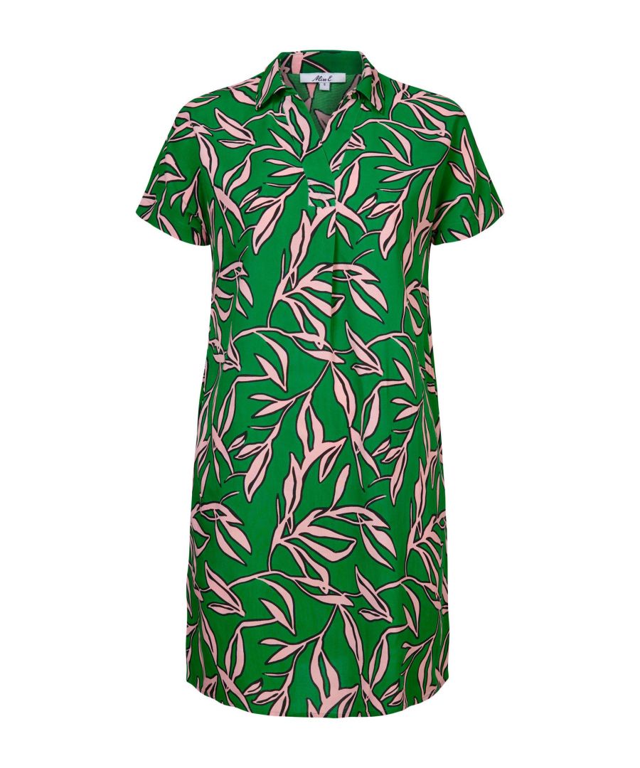 Miss Etam jurk Helena met bladprint en plooien groen/ roze
