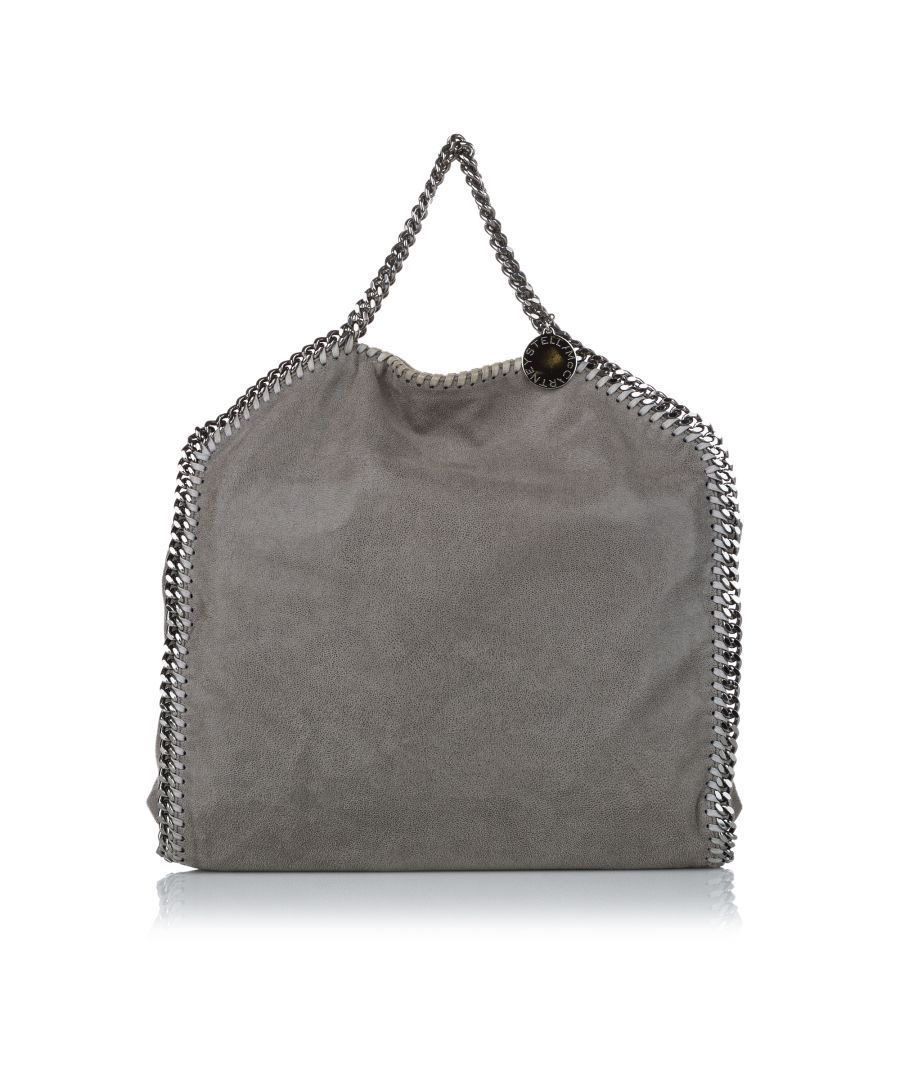 VINTAGE. RRP AS NEW. The Falabella features a fabric body, silver-tone chain straps, a top magnetic closure, and an interior slip pocket.Exterior Front Discolored. Exterior Back Discolored. Exterior Front Discolored. Exterior Back Discolored. \n\nDimensions:\nLength 35cm\nWidth 35cm\nDepth 9cm\nHand Drop 14cm\nShoulder Drop 30cm\n\nOriginal Accessories: Dust Bag\n\nSerial Number: 234387 w9132 495150 S15\nColor: Gray\nMaterial: Fabric x Others\nCountry of Origin: England\nBoutique Reference: SSU173368K1342\n\n\nProduct Rating: GoodCondition\n\nCertificate of Authenticity is available upon request with no extra fee required. Please contact our customer service team.