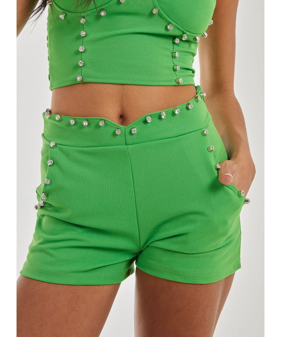 Pink Vanilla Womens Diamante Shorts - Green - Size Medium