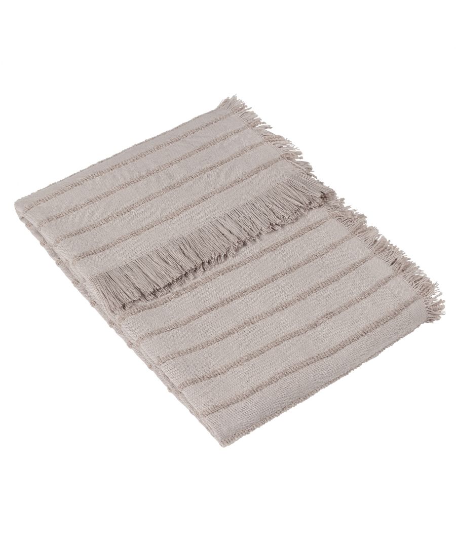 A cool, lightweight throw with strands of subtle linear yarn detail running across the earth toned woven base. Completed with relaxed frayed fringed edges to create a cool, understated look for your living space. This throw also perfectly coordinates with our Margo and Tulna cushions, so why not check them out too!
