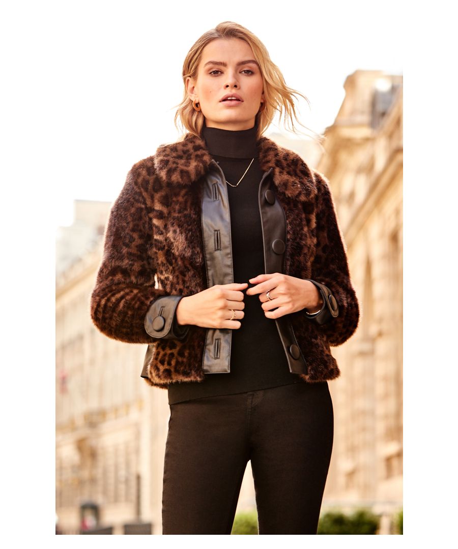 REASONS TO BUY:\n\nIt’s a leopard print lover’s dream jacket\nKeep-you-cosy faux fur\nLuxe leather trim\nStatement button detail\nCropped for a flattering fit\nLet it stand out with an all-black outfit