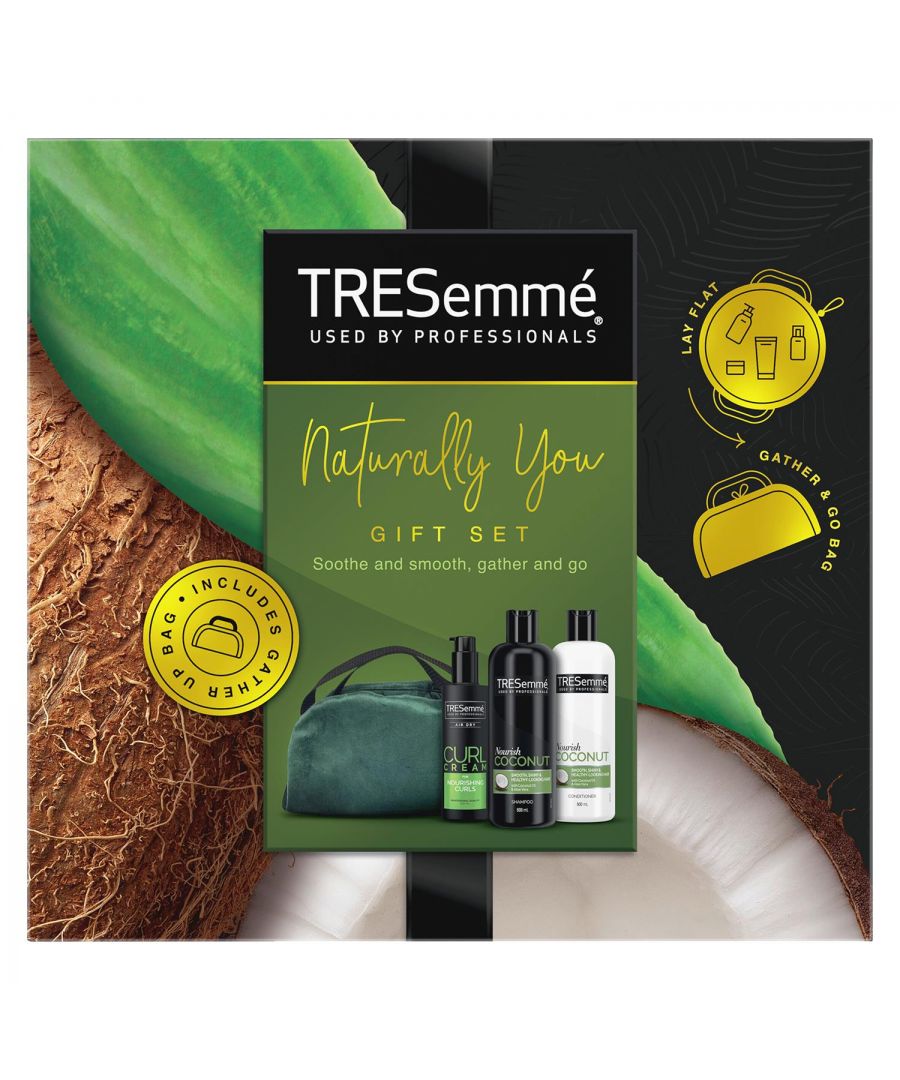 TRESemme Naturally You Hair Care Gift Set for Her with Green Cosmetic Bag \n\nWe love natural ingredients just like you, which is why we found a way to marry rich botanical ingredients like coconut oil, coconut cream, and aloe vera, into professional-quality shampoo and conditioner formulas that give her smooth, shiny, and healthy-looking hair. Free from silicones and dyes, Tresemme Nourish Coconut Shampoo 500 ml and Tresemme Nourish Coconut Conditioner 500 ml are for all hair types, The gift set is completed with Tresemme Air Dry Curl Cream 200 ml. These gifts for her come in a green cosmetic bag so she can keep all her hair essentials together even when she's on the go. \n\nShampoo: Tresemme Nourish Coconut Shampoo 500 ml gently cleanses and moisturises hair, leaving it smooth, shiny, and healthy looking. The shampoo is for all hair types, including dry and damaged hair, and uses micellar technology to provide moisture, nourishment, and lasting shine. \n\nConditioner: Tresemme Nourish Coconut Conditioner 500 ml is enriched with coconut milk, coconut oil, and aloe vera for easy detangling, better alignment and a smoother feel. Get nourished, healthy-looking hair with natural shine. Be inspired, be beautiful. \n\nAir Dry Curl Cream: Tresemme Nourish Air Dry Curl Cream is a natural ingredient at the expense of quality results. TRESemme, has specially blended professional formulas with natural coconut and cactus water, to create a unique styling range that helps you to enhance your hair's natural shape and style. Delivers professional quality results without the addition of traditional ingredients, keeping your hair looking natural and healthy every day. \n\nGift Set Includes: \n1x Tresemme Nourish Coconut Shampoo, 500 ml \n1x Tresemme Nourish Coconut Conditioner, 500 ml \n1x Tresemme Air Dry Curl Cream, 200 ml \n1x Green Cosmetic Bag