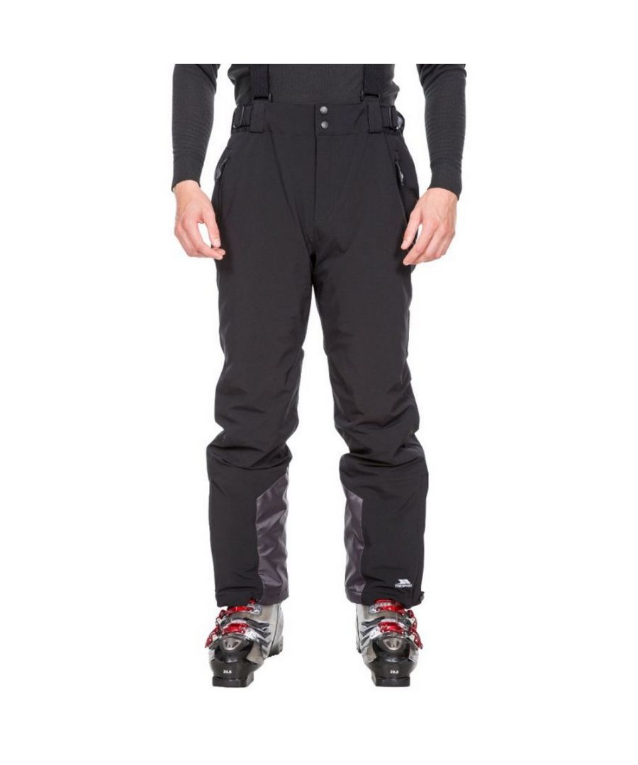 Outer Materials: 90% Polyester, 10% Elastane. Lining Material: 100% Polyester. Filling Material: 100% Polyester. 5000g/m²/24hrs. Waterproof Rating: 5000mm. Pockets: 2 Waterproof Pockets, Zip. Adjustable Waist, Ankle Gaiters, Articulated Knee, Belt Loops, Detachable Braces, Kick Panels, Lined, Padded, Taped seam, Waterproof, Zip Hem Ankles. Fabric Technology: Four Way Stretch, Windproof. Fabric: Microfleece, TPU, Woven. Fit: Slim. Lining: Taffeta.