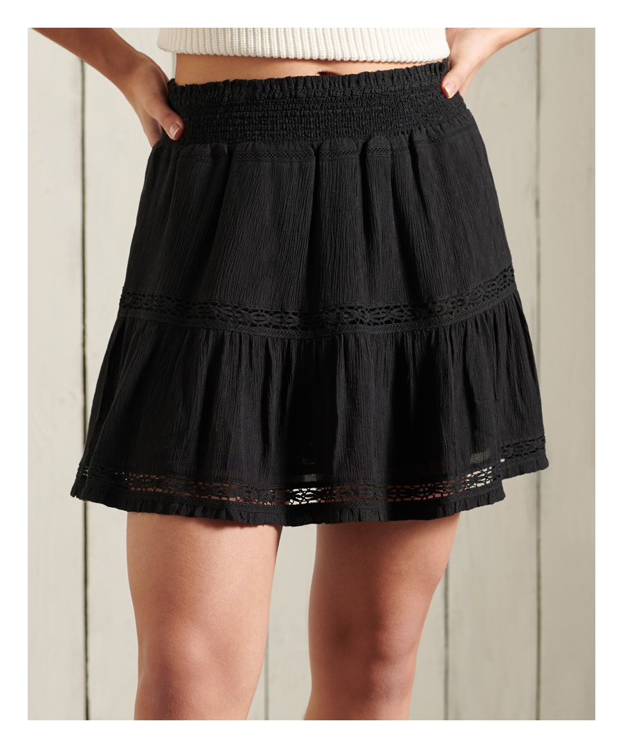 The Alana Mini Skirt is a beautiful bohemian inspired piece for any wardrobe. Features include an elasticated waistband, frilled hem and intricate lace panels. Style this floaty skirt with your favourite top for the ultimate summer look.Elasticated waistbandLace paneling