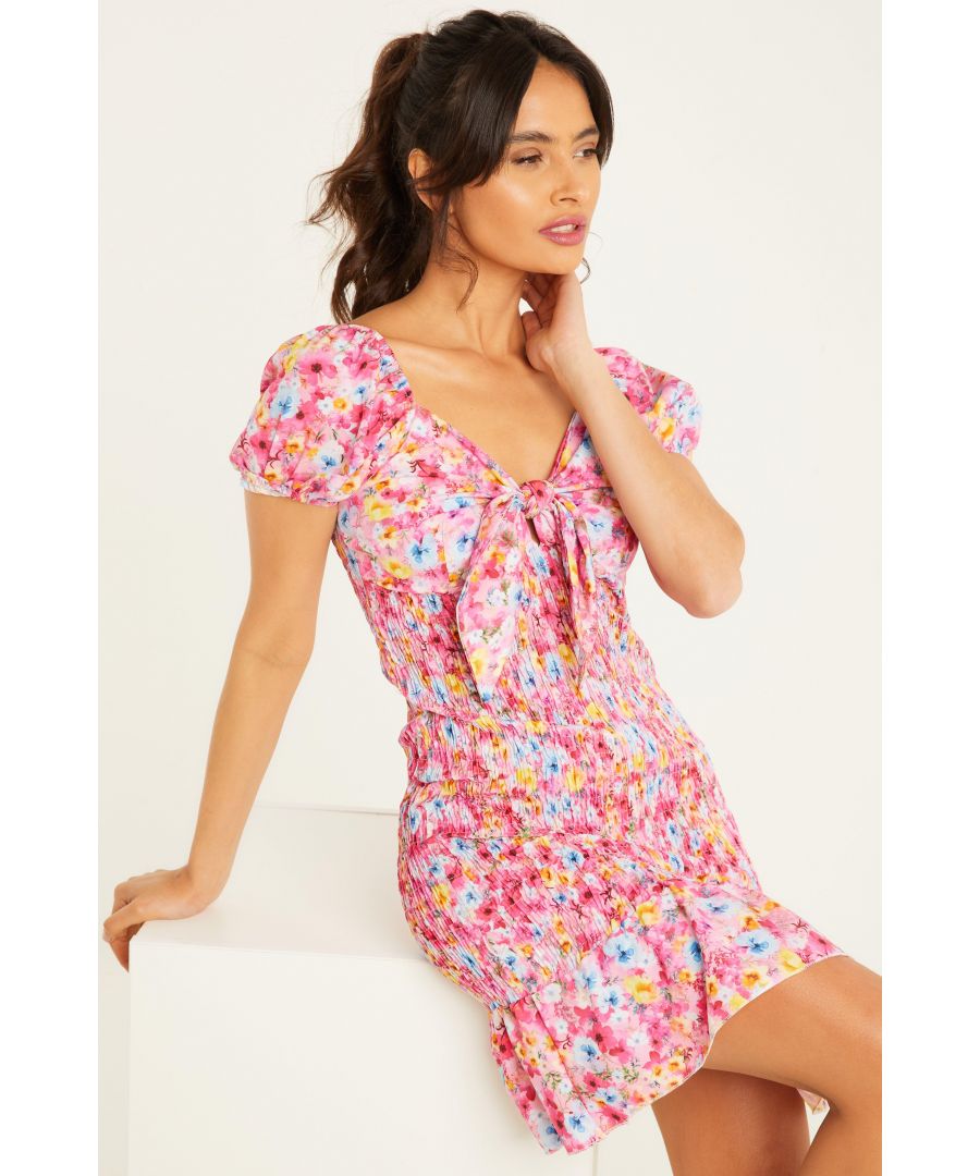 Image for Pink Floral Shirred Bodycon Dress