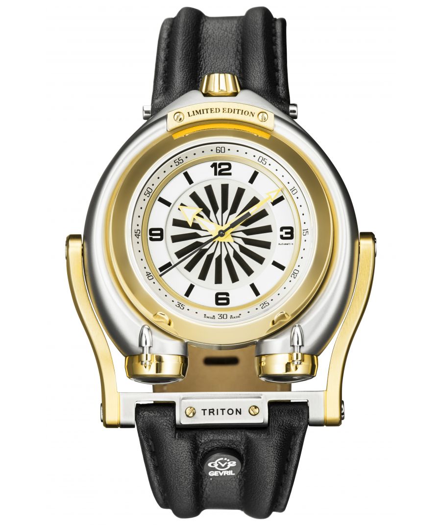 At the time she was commissioned in 1959, the Triton was the largest, most powerful, and most expensive submarine ever built. It’s not surprising that this ship's namesake is equally impressive. With a submarine inspired 48 mm case and style all its own, the masculine Triton is perfect for someone who wants to make a big statement. Unique marine detailing defines this superlative, Swiss Made automatic timepiece. From the precision twin spinning rotors mounted on the side of the case, to the swinging lower lugs and rotating turbine visible on the case back, this watch is designed to catch people’s attention.GV2 Triton Mens Black Dial Calfskin Leather Watch\n\nGV2 Swiss Automatic Movement Triton Collection\n48 mm Round Two toned SS/IPYG Case/White Dial/Black Index, Screw down crown\nPrecision Twin spinning Rotors Mounted on side of the case\nSwinging lower lugs and rotating turbine visible on case back\nCalfskin Black Leather Strap with Tang Buckle\nAnti-reflective Sapphire Crystal\nWater Resistant to 50 Meters/5ATM\nRuben & Sons Swiss Automatic Mechanical Movement MD3G