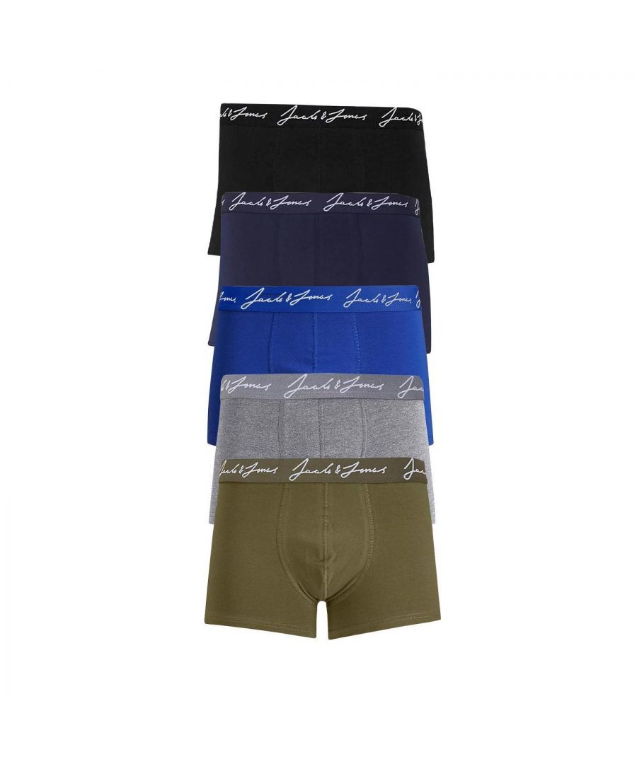 A handy 5-pack of Jack and Jones branded trucks with a handwritten logo on the waistband. Made from 95% cotton for softness and comfort and including a stretch waistband, these will keep you feeling comfortable whatever the day brings. Refresh your underwear drawer this season!\n\nFeatures:\nRegular fit plain underwear mase stylish with handwritten brand logo on waistband\nMade from cotton-rich stretchy fabric that brings softness and comfort\nH Shape trunks for comfort and conveniences in your basics.\n95% Cotton, 5% Elastane\n\nWashing Instruction:\nMachine wash at 30°C\nDo not bleach\nTumble dry on low heat settings\nIron on medium heat settings\nDry clean (no trichloroethylene)\n\nPackage Includes: Jack & Jones Men's 5 Pack Boxer Briefs