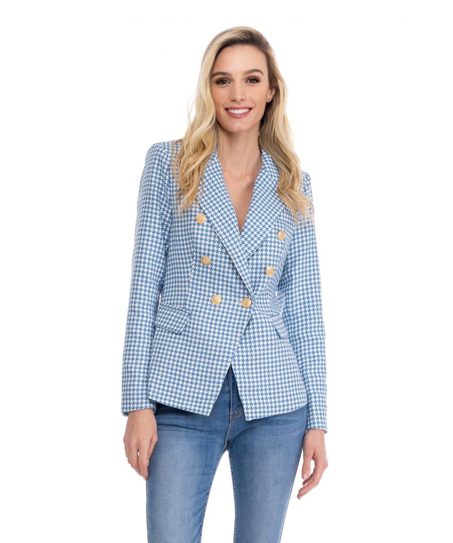 Houndstooth print blazer jacket with gold buttons
