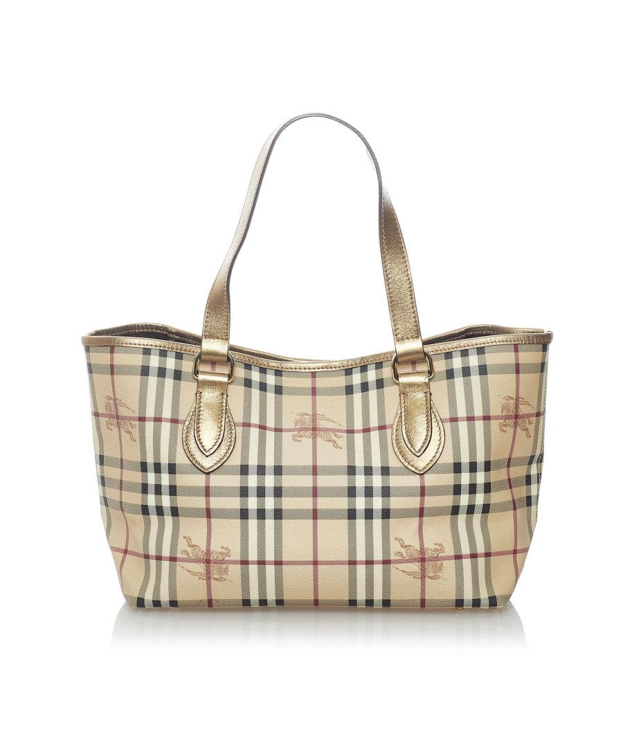 VINTAGE. RRP AS NEW. This handbag features a plaid canvas body, flat leather straps, a top zip closure, and an interior zip pocket.Exterior Front Discolored, Scratched. Exterior Front stained with Other. Exterior Back Discolored, Scratched. Exterior Botton stained with Other. Exterior Handle Cracked, Scratched. Exterior Handle stained with Other. Exterior Side Scratched. Interior Lining Discolored. \n\nDimensions:\nLength 22cm\nWidth 43cm\nDepth 13cm\nShoulder Drop 19cm\n\nOriginal Accessories: Dust Bag, Dust Bag\n\nColor: Brown x Beige x Multi\nMaterial: Fabric x Canvas x Leather x Calf\nCountry of Origin: United Kingdom\nBoutique Reference: SSU173355K1342\n\n\nProduct Rating: GoodCondition\n\nCertificate of Authenticity is available upon request with no extra fee required. Please contact our customer service team.