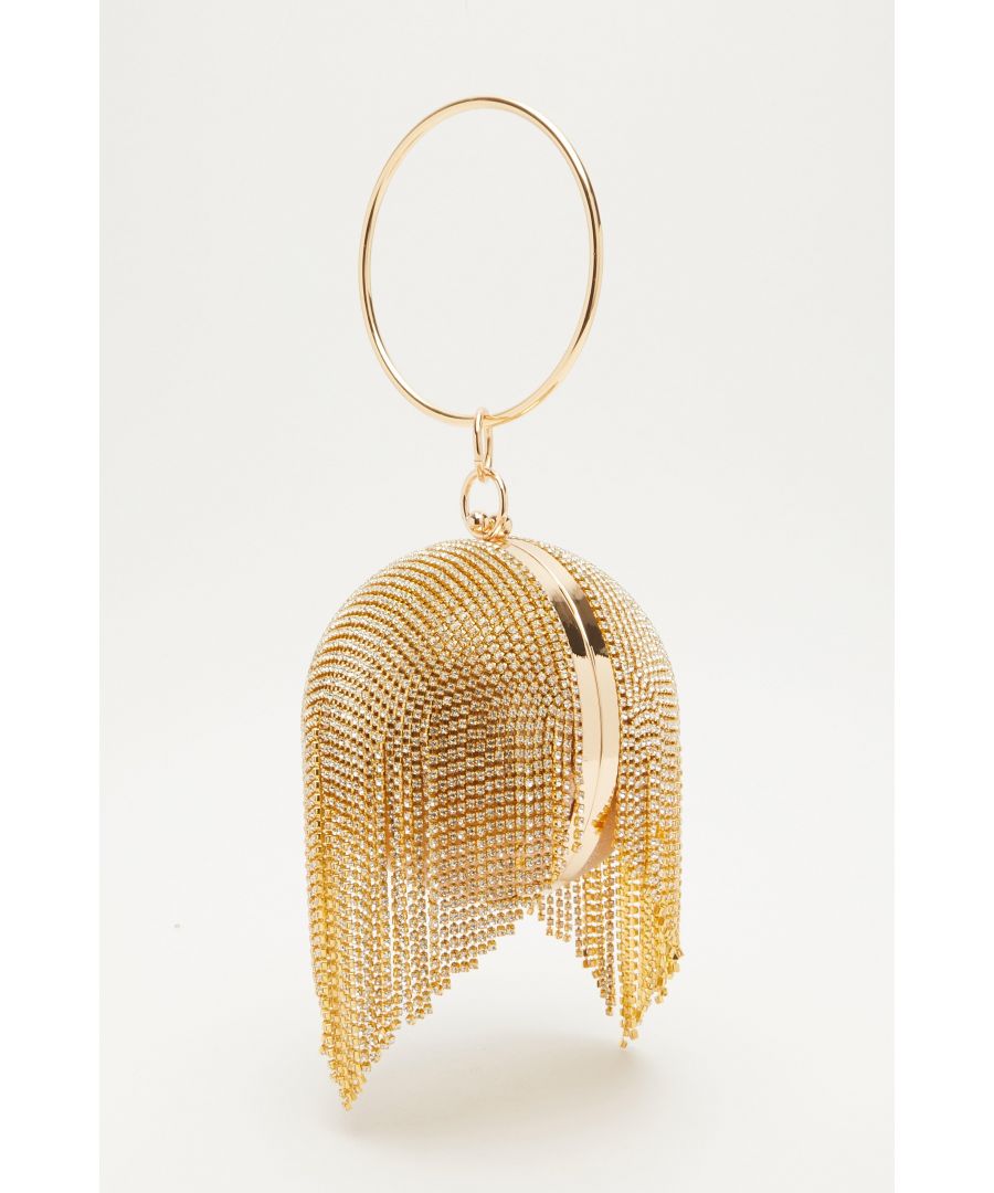 - Gold colour  - Diamante embellishment  - Tassel detail  - Chain strap  - Box bag style   - Round handle  - Detachable strap