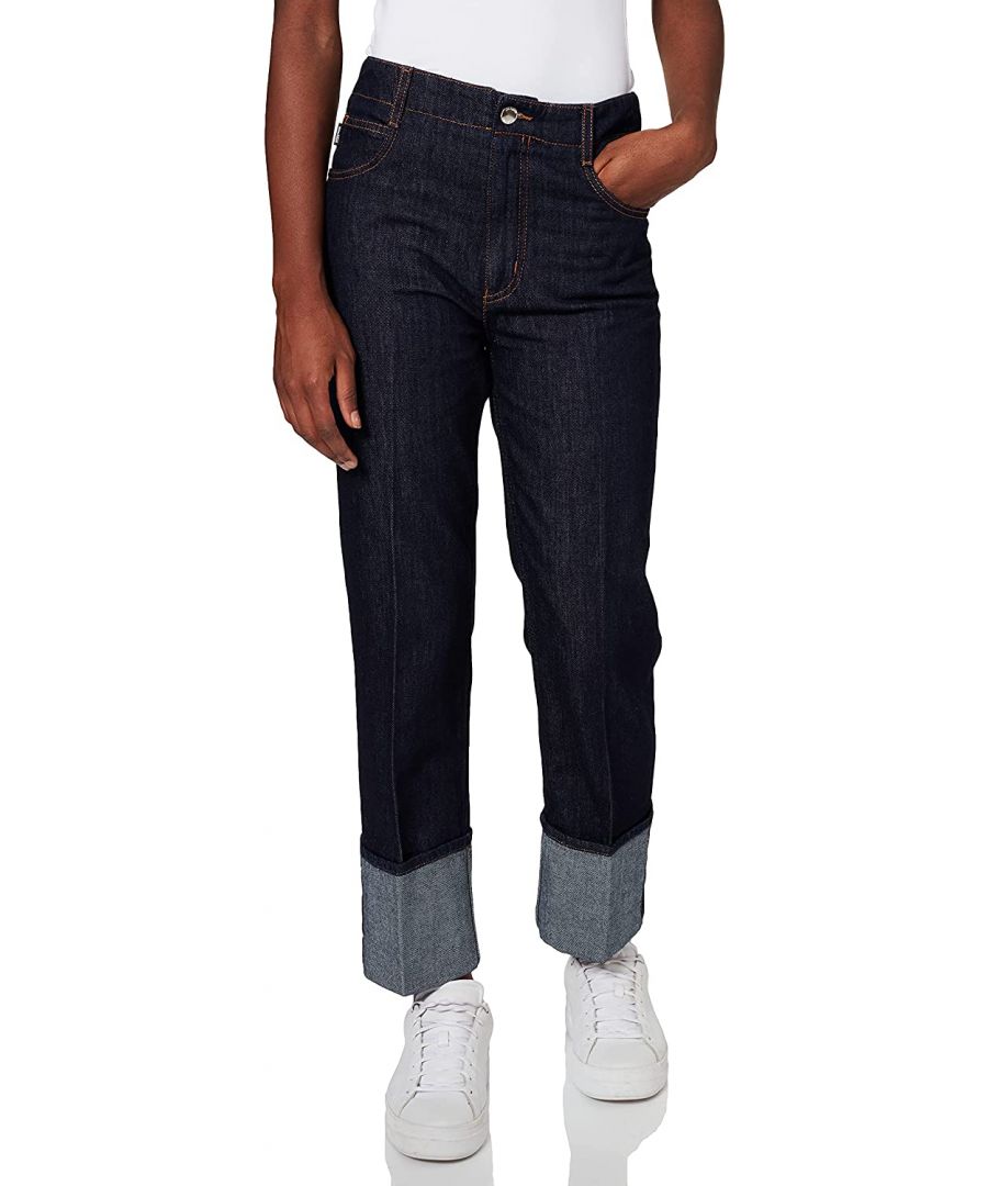 Wijde five-pocket-jeans van Love Moschino in 100% katoenen denim, met achterkant in fleecekatoen, leren Love Moschino-patch op de achterkant. Gerolde manchetten met zwart jacquardlogo.