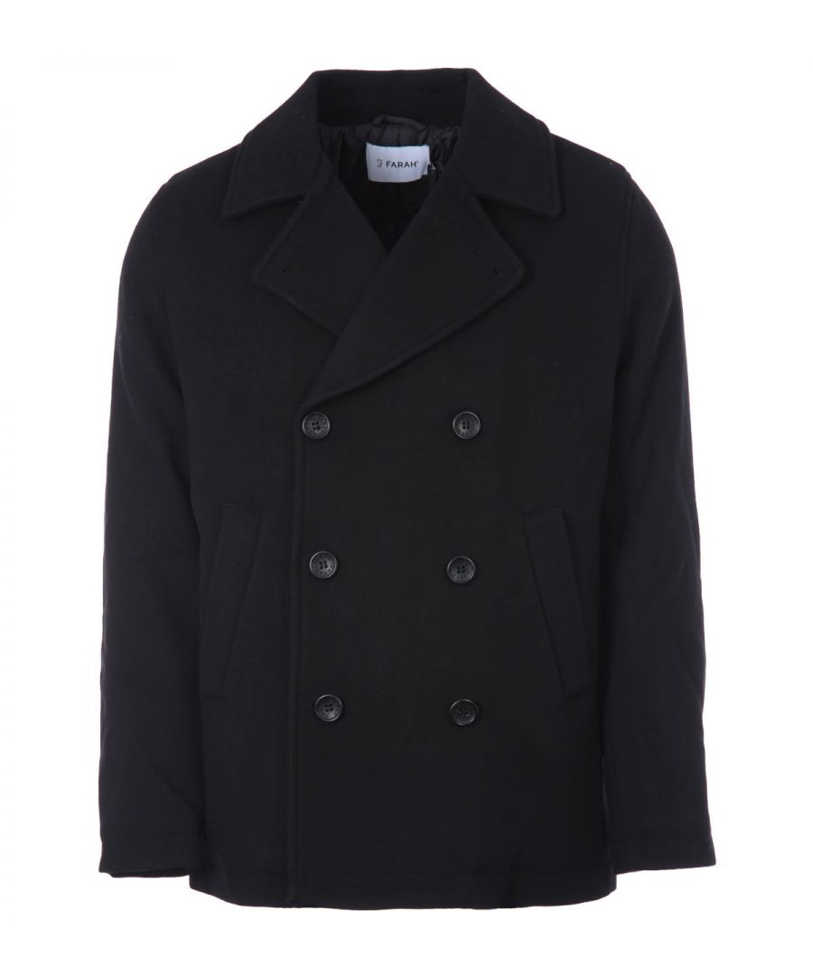 The versatility and transcending style of Farah has been a staple throughout the decades. Starting from humble beginnings, the signature \'F\' logo has been seen worn by equally iconic musicians, artists, and fashion figures. A wearable symbol of culture and diversity, a casual yet quintessential look.The Cowie Peacoat Jacket is a traditional piece of outerwear elevated for the modern man. Crafted from a warming wool blend in a timeless peacoat silhouette. Featuring a notched lapel collar, a double-breasted closure and angled pockets. Finished with signature Farah branding.Regular Fit, Wool Blend, Notched Lapel Collar, Double Breasted Closure, Angled Front Pockets, Farah Branding. Style & Fit:Regular Fit, Fits True to Size. Composition & Care:56% Wool, 39% Polyester, 2% Acrylic, 2% Nylon, 1% Viscose, Professional Clean Only.