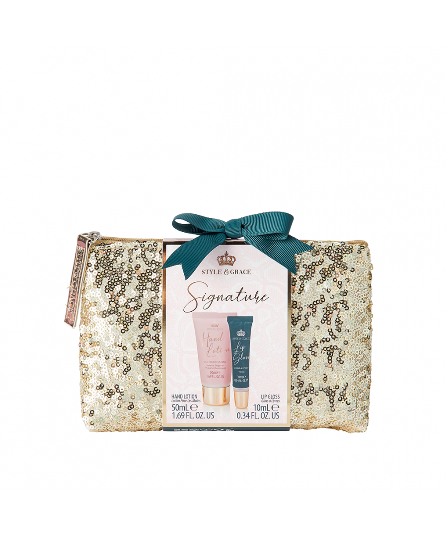 Style & Grace Signature Sequin Bag Set makes an ideal seasonal gift for someone you care about!The set contains: 50ml Jasmine, Bergamot, Rhubarb & Sandalwood Hand Lotion and a 10ml Vanilla Lip Gloss. Sequin glitzy cosmetic bag included.Environmentally friendly with Eco Packaging.