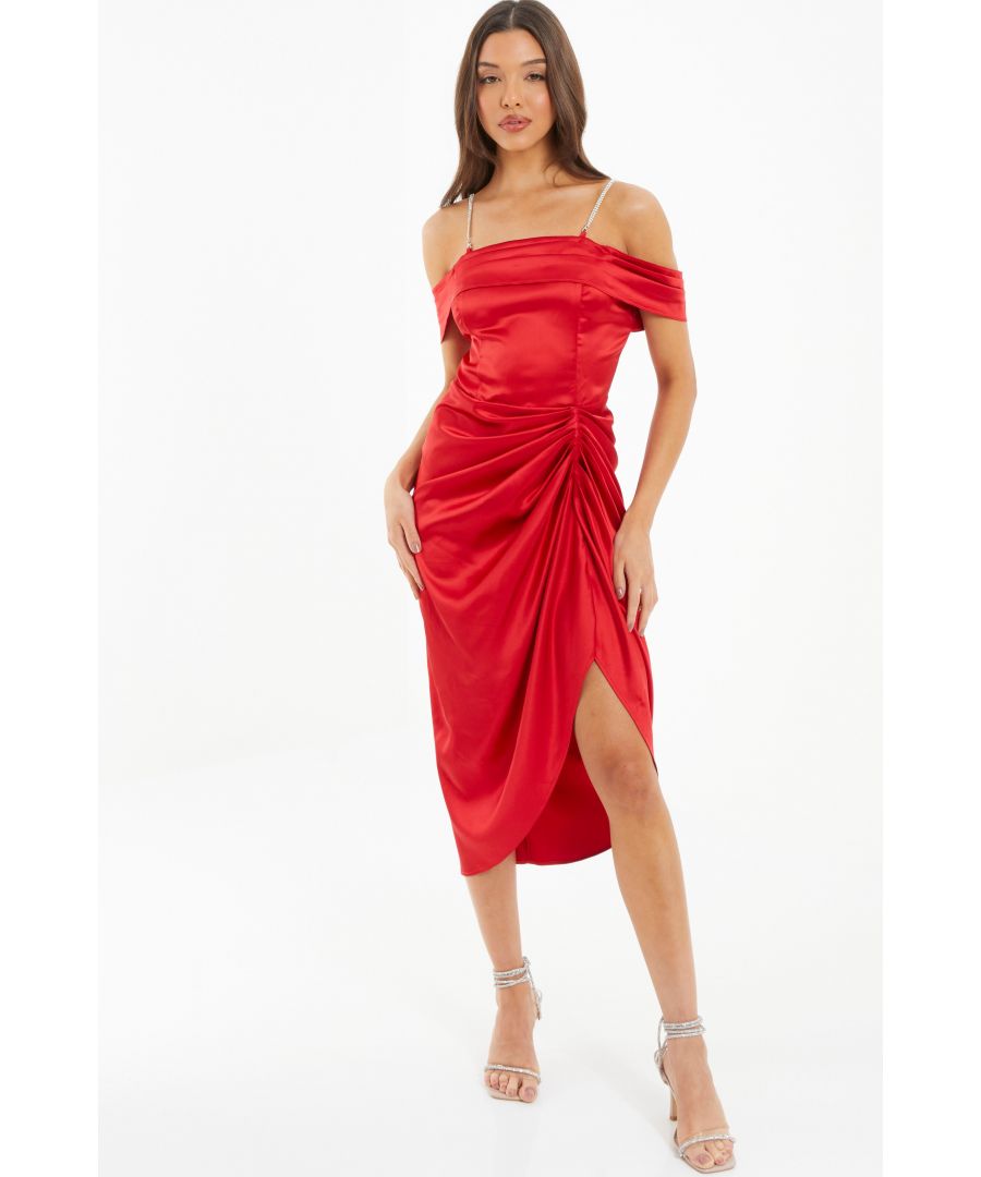 Quiz Womens Red Satin Ruched Cold Shoulder Midi Dress - Size 12 UK