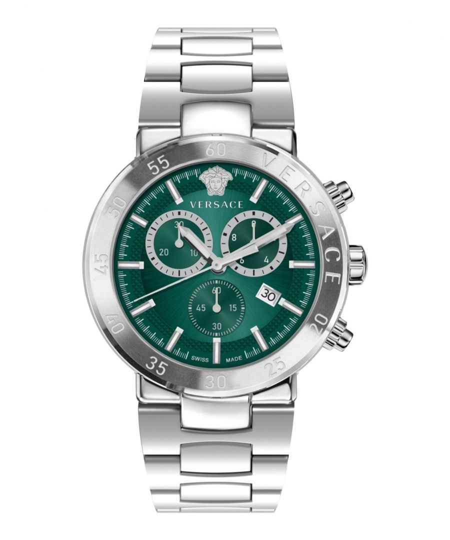 43mm Stainless Steel Case; Silver Bracelet; Green Sunray Dial; 5 ATM; Deployant Buckle; Swiss Made Swiss Quartz Movement