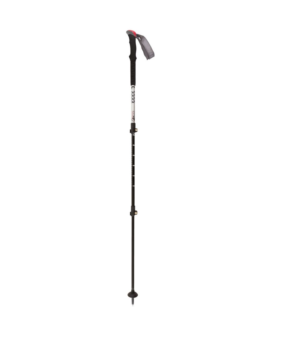 Technical trekking pole. Lightweight aluminium shaft. Qiklock quick release locking system. Carbide tip and rubber stopper. Ergonomic foam handle. Adjustable padded wrist strap. Includes basket. 3 sections. 135cm full extended, 63cm fully collapsed.