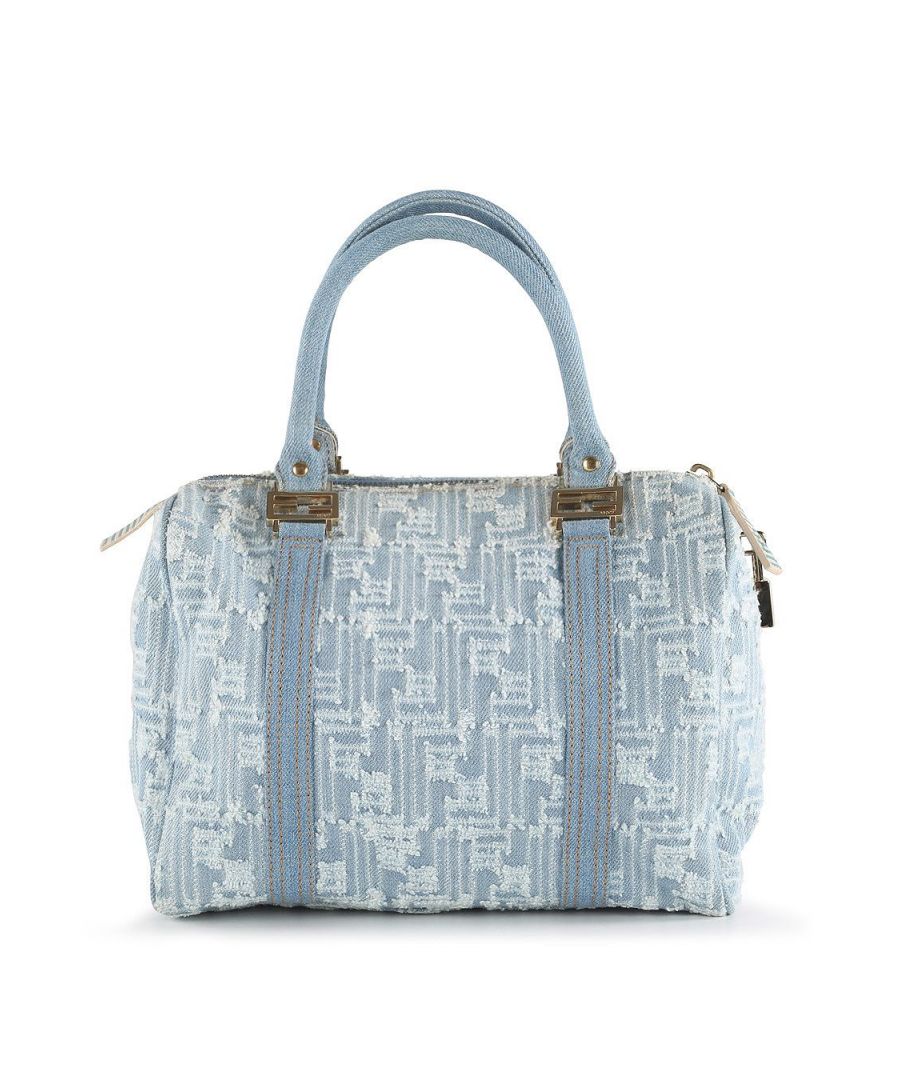 VINTAGE, RRP AS NEW\nThis Fendi handbag is crafted from distressed blue denim with white stitched Fendi Zucca monogram pattern. The bag features one internal compartment with top zip closure, double rolled handles with tirette, clochette, lock and key, orange and multicolor printed canvas interior lining, one inner slip pocket, and gold tone hardware. The bag is in excellent condition. Product code: AC64156.\nFendi Fendi Zucca Blue Denim Vintage Boston Bag\nColor: blue\nMaterial: Denim\nCondition: excellent\nSize: One Size \nSign of wear: No\nSKU: 158166 / RWB-351 / RWB-351 \nDimensions:  Length: 250 mm, Width: 140 mm, Height: 230 mm