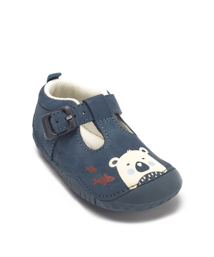 Bring cheer to pre-walker feet in our Grizzly buckle T-bar with characterful polar bear. Designed with plenty of growing room for pre-walkers’ wiggly toes, with multi-width and half fittings plus a secure, adjustable buckle fastening. Scuff-proof heel and toe bumpers offers protection where it’s needed. Padded ankle support and cushioned insoles give instant comfort with breathable mesh linings. The ultra-flexible lightweight soles ensure uninhibited movement and maximum sensory feedback.