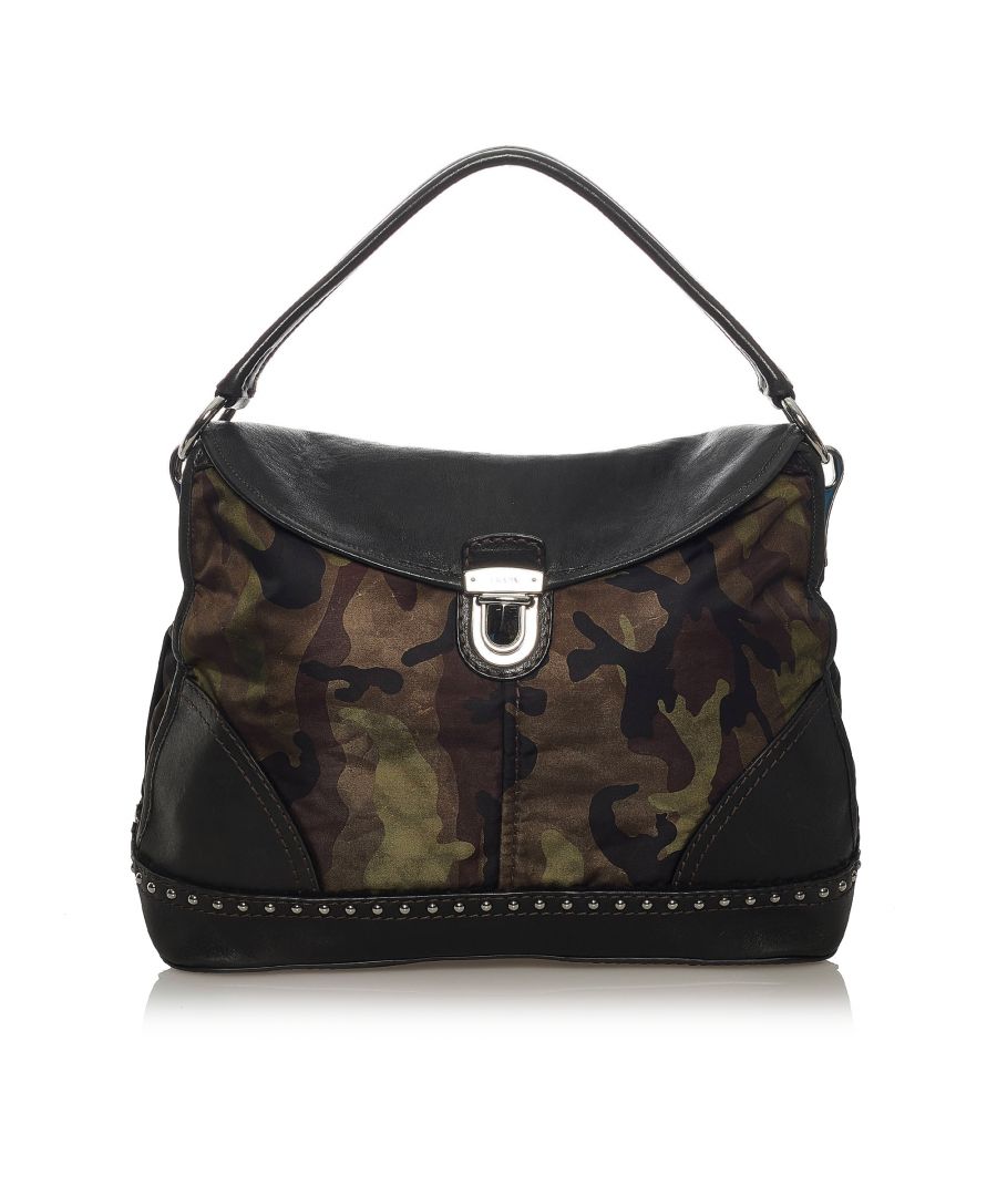 VINTAGE. RRP AS NEW. This shoulder bag features a camouflage nylon body with lambskin leather trim, silver-tone hardware, a flat leather strap, a top flap with push lock closure, suede and leather lining, and interior zip and slip pockets.Exterior back is discolored, out of shape and scratched. Exterior bottom is discolored, out of shape and scratched. Exterior front is discolored, out of shape and scratched. Exterior handle is discolored, out of shape and scratched. Exterior side is discolored, out of shape and scratched. Buckle is scratched. Lock is scratched. Studs is scratched. Zipper is scratched. Interior lining is stained.\n\nDimensions:\nLength 27cm\nWidth 38cm\nDepth 16cm\nShoulder Drop 15cm\n\nOriginal Accessories: Authenticity Card\n\nSerial Number: BR 4549\nColor: Black x Multi\nMaterial: Fabric x Nylon x Leather x Lambskin Leather\nCountry of Origin: Italy\nBoutique Reference: SSU147194K1342\n\n\nProduct Rating: GoodCondition\n\nCertificate of Authenticity is available upon request with no extra fee required. Please contact our customer service team.