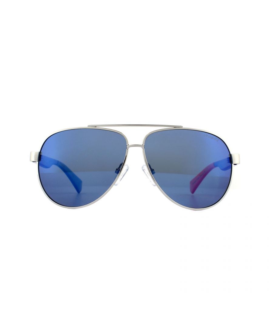 Polaroid Kids Sunglasses PLD 8034/S PJP 5X Silver Blue Blue Gradient Polarized are a vibrant aviator style for kids. With adjustable nose pads, a perfect fit is guaranteed for children aged 8-12 years. Polarized lenses will ensure a comfortable view and the temples are signed off with the Polaroid logo.