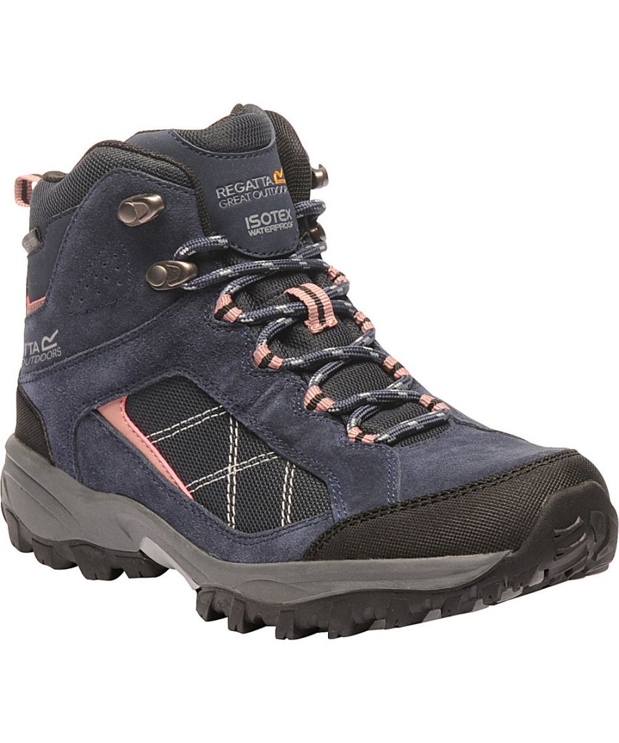 The Regatta Clydebank Isotex Waterproof Suede Mid is a super comfortable, breathable walking boot which will keep your feet dry when hitting the trails. An excellent choice for weekend treks, the Clydebank features a comfortable EVA footbed and internal EVA shock pads for added cushioning while sealed seams and an Isotex internal waterproof membrane liner ensure your feet remain dry. \n Traction is not an issue with the Clydebank  its durable lugged outsole will give you maximum grip on all surfaces delivering a well rounded waterproof hiker.\n - Premium suede leather/ synthetic textile mixed upper \n - Hydropel water-repellent technology\n - Heel loop for easy on / off wear\n - Exclusive Isotex waterproofing \n - Rubberised toe and heel bumpers \n - EVA midsole support\n - Padded heel, ankle and tongue\n - Durable rubber outsole offers traction\n - Regatta branding throughout